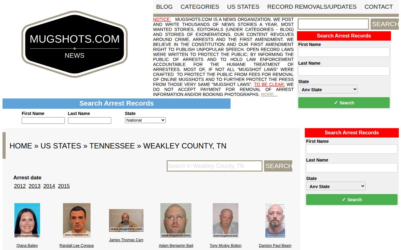 Unofficial Mugshots.com Weakley County interface shown as a secondary arrest-news source context