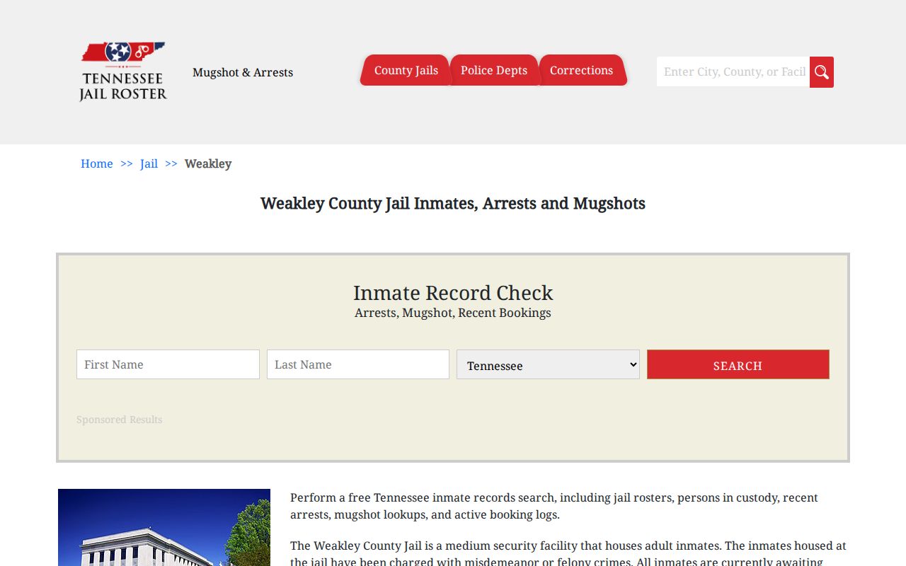 Weakley County unofficial jail roster directory for booking record context