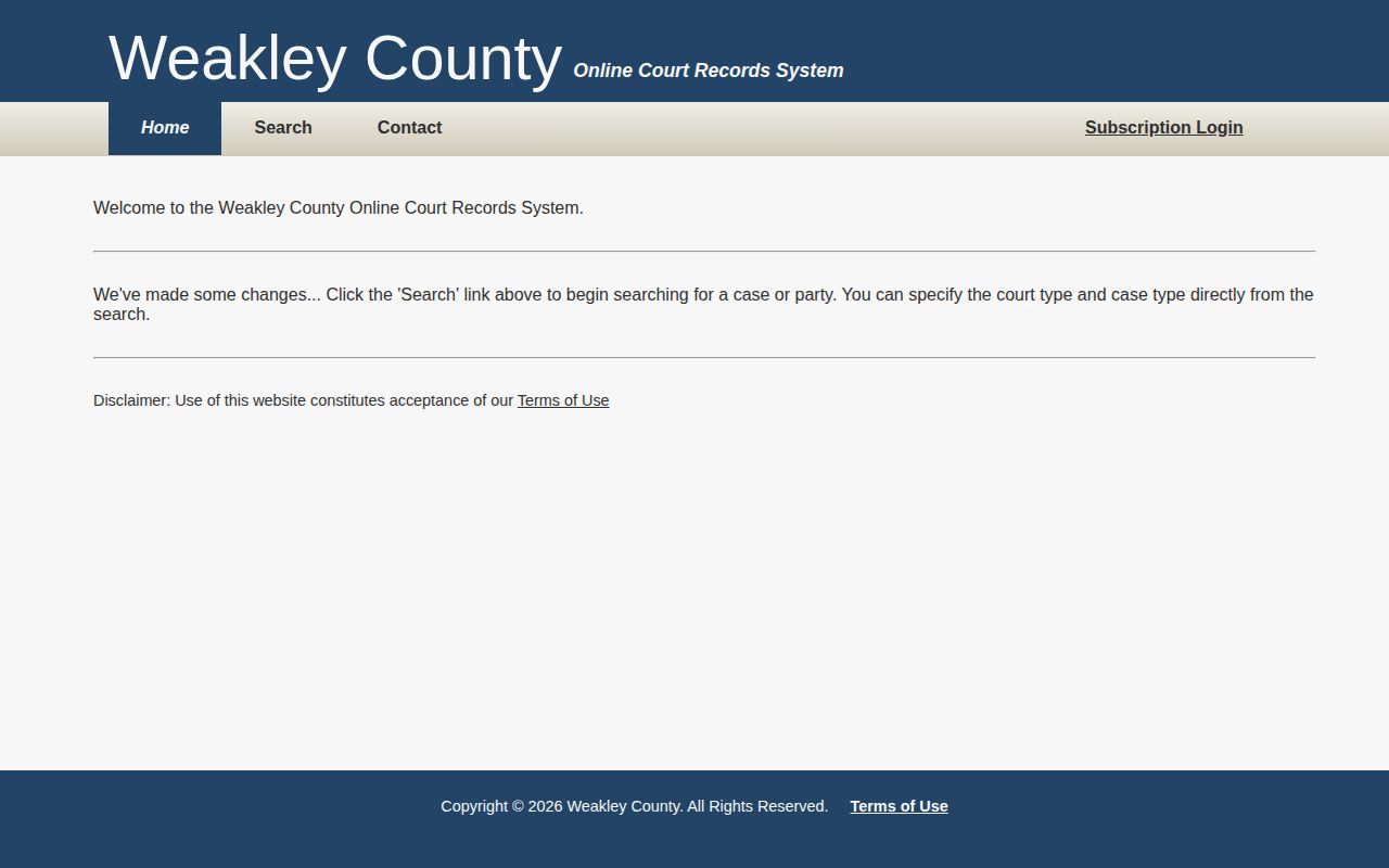 Weakley County booking disposition and court record search interface