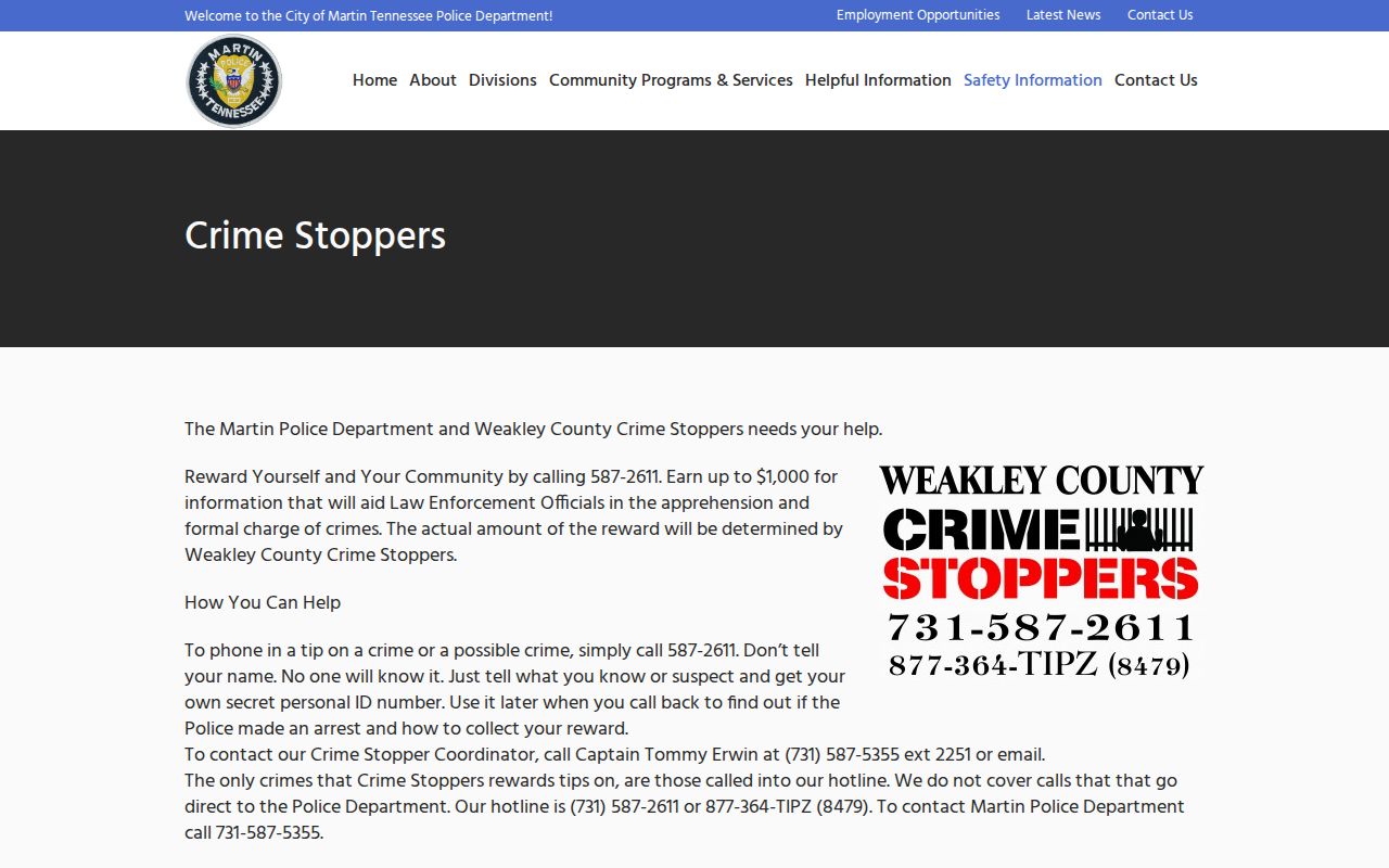 Weakley County Crime Stoppers tip information on the Martin Police Department website