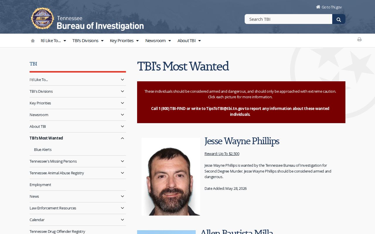 Tennessee Bureau of Investigation statewide most wanted interface, not a Weakley County warrant list